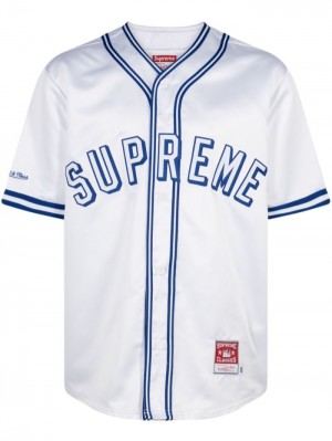 Supreme Mitchell & Ness Satin Baseball Jersey Blancos Azules | SCUV0643